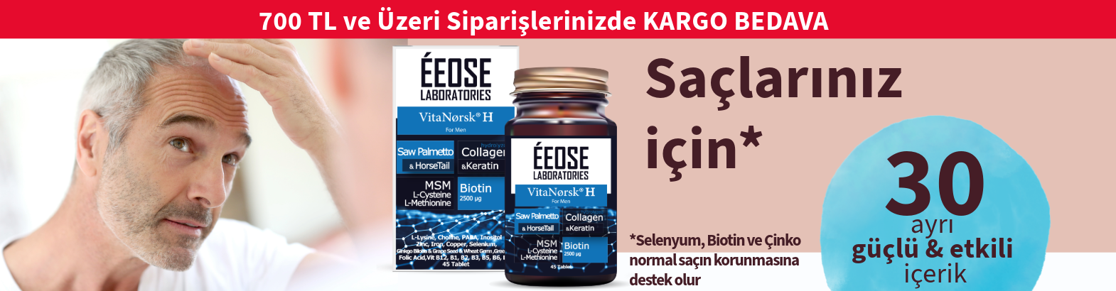 EEOSE VitaNorsk H For Men Saw Palmetto / Cüce Palmiye & At Kuyruğu, Kollajen, Keratin, MSM,L-Sistein, L-Metiyonin & Biotin Takviye Edici Gıda.